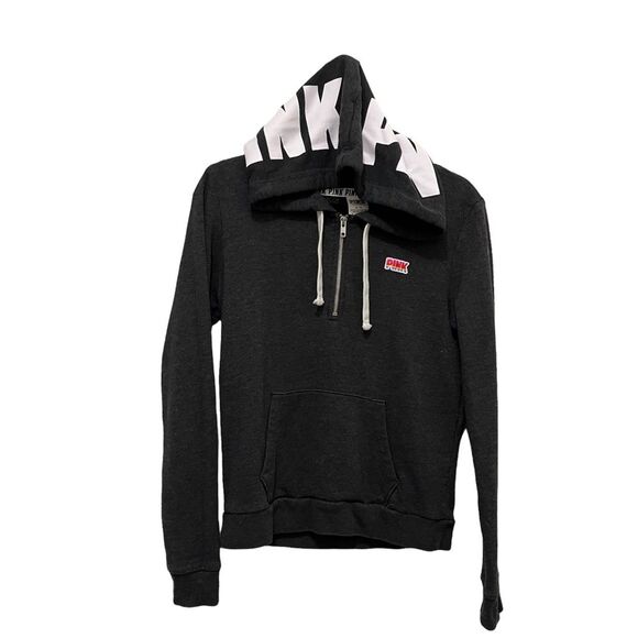 PINK Victoria's Secret Spell Out Logo Hoodie 1/4 Zip Pullover Gray Womens Sz M - Picture 1 of 11